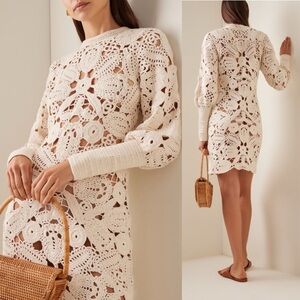 Ulla Johnson Aamina Hand Crocheted Semi Sheer Cotton Mini Dress Neutral